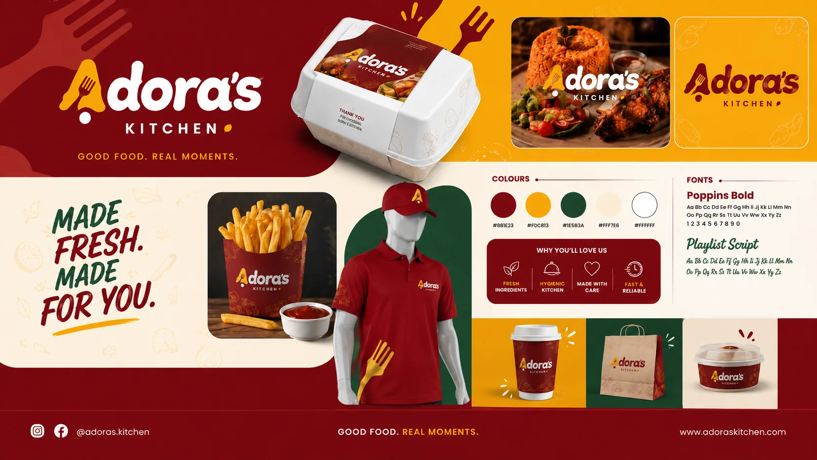Adora's Kitchen &mdash; A bold brand identity system for a fast-casual food brand built around one promise — “Good Food. Real Moments.”